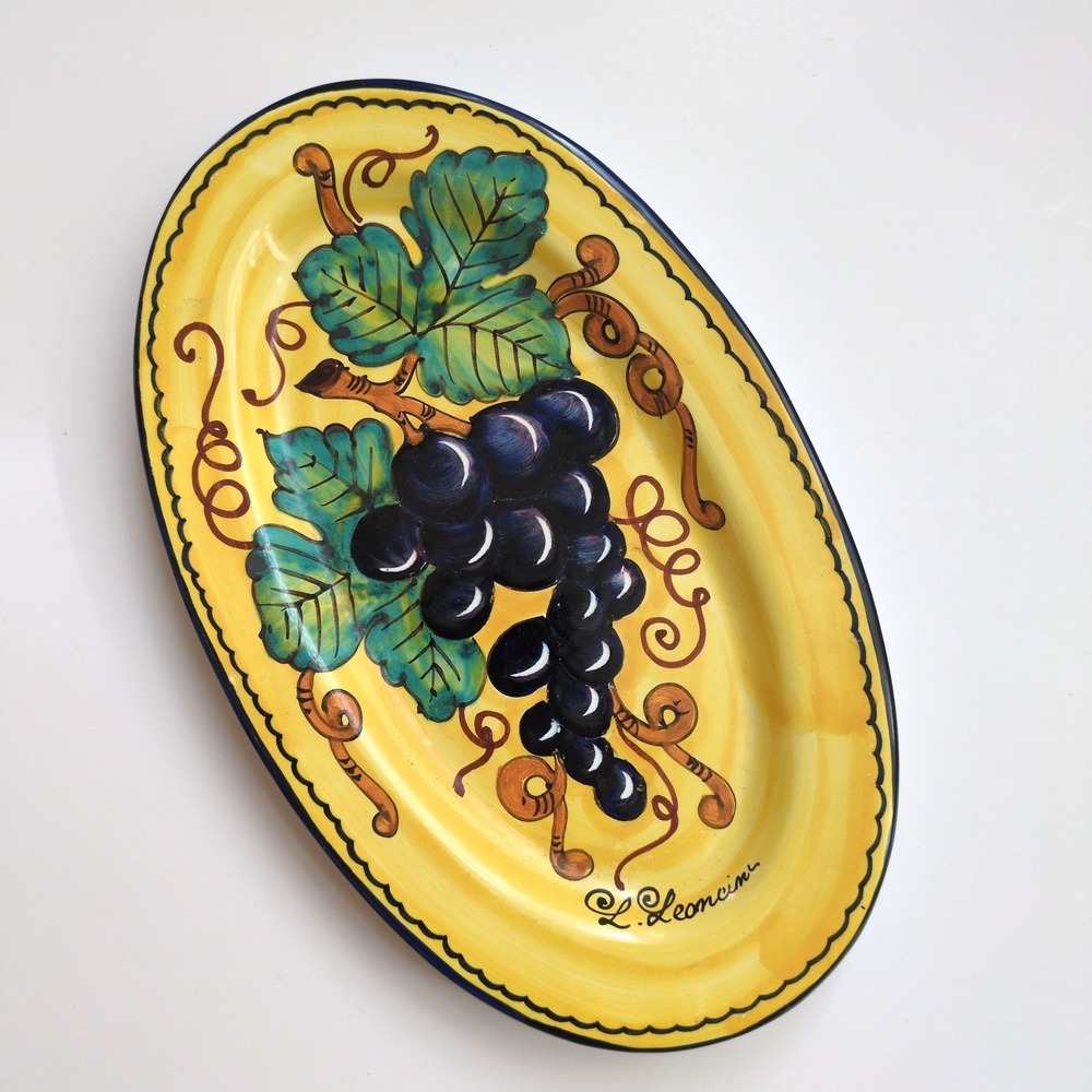 Leoncini Serving Platter Yellow Hand Painted Grapes San Gimignano Italy Signed